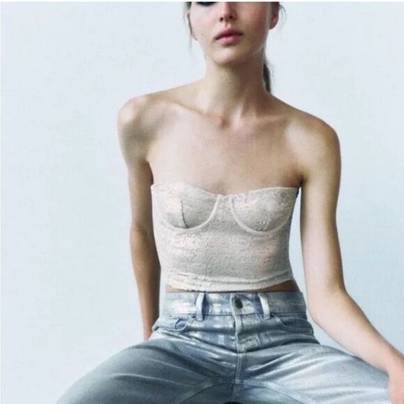 Zara Tops - Zara Sequin Corset Bra Top in Champagne